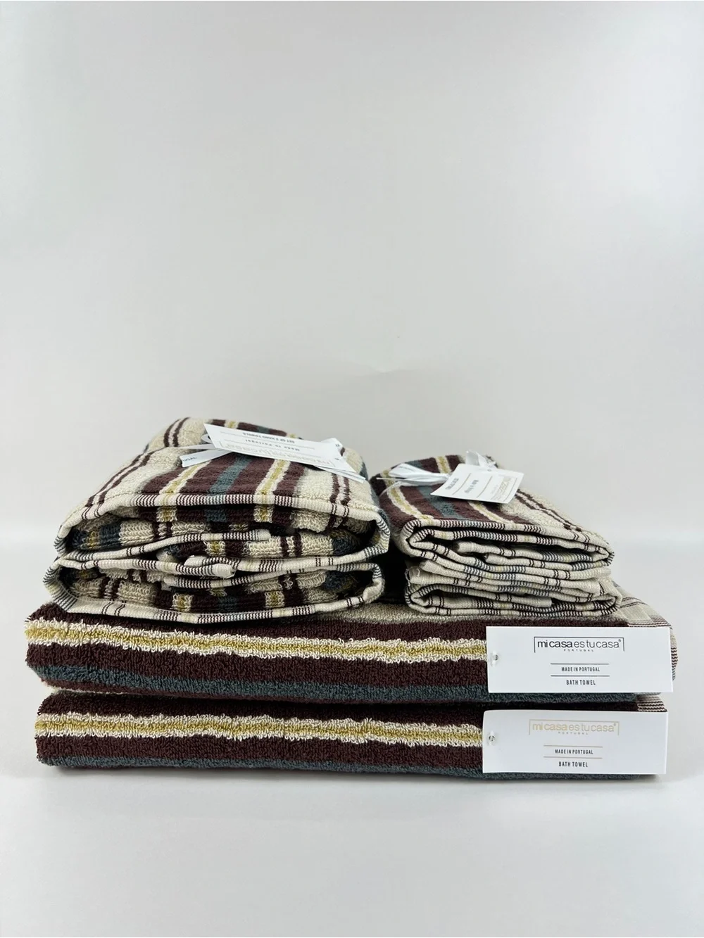 Mi Casa Es Tu Casa Bathroom Towel Set Brown Teal Tan Stripe 100% Cotton 6 Pc NEW